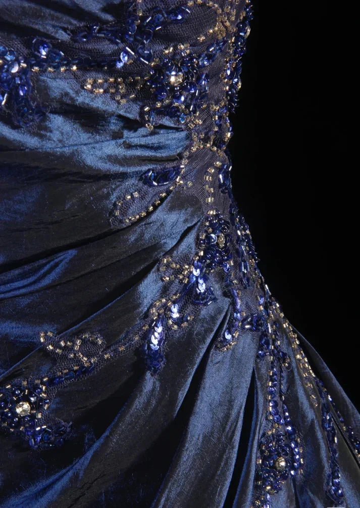 Vintage Ball Gowns Strapless Navy Blue Satin Long Prom Dress