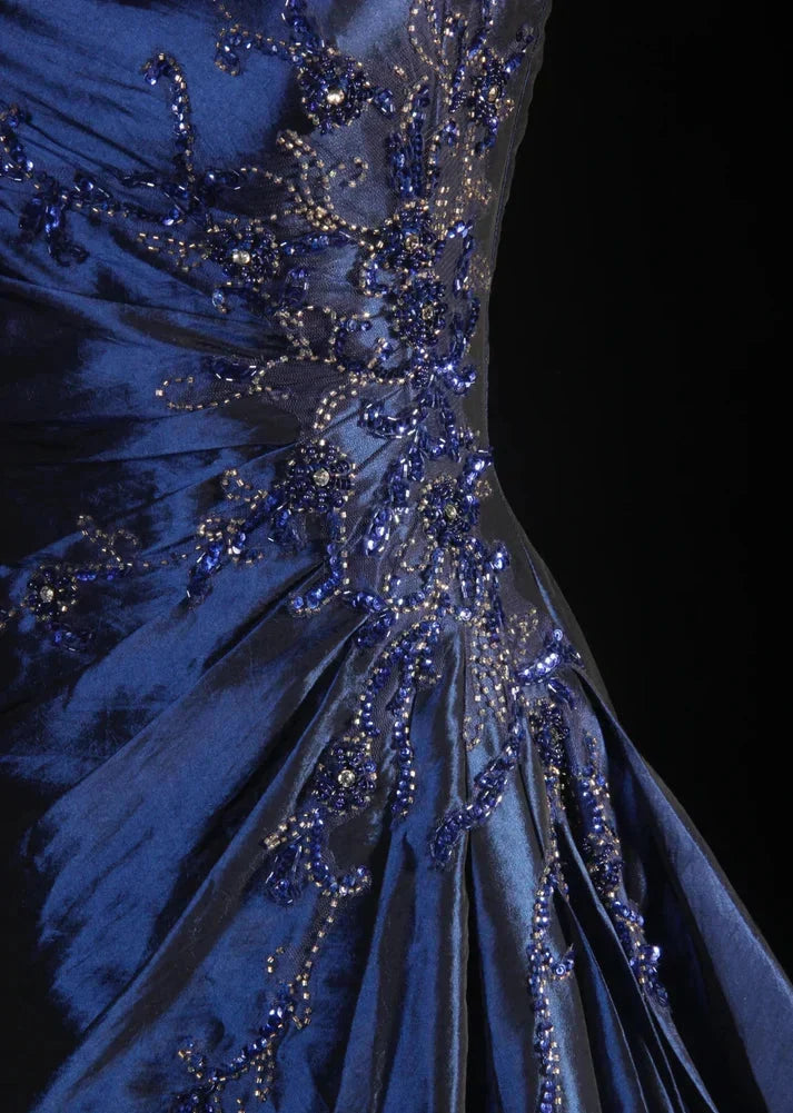 Vintage Ball Gowns Strapless Navy Blue Satin Long Prom Dress