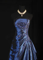 Vintage Ball Gowns Strapless Navy Blue Satin Long Prom Dress