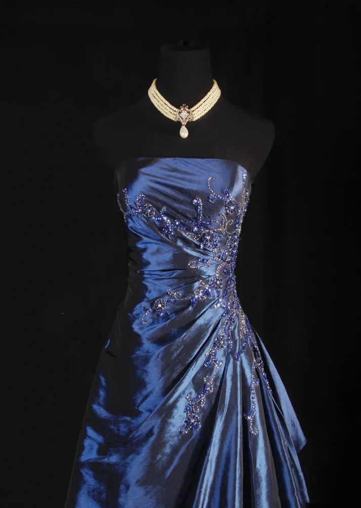 Vintage Ball Gowns Strapless Navy Blue Satin Long Prom Dress