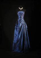 Vintage Ball Gowns Strapless Navy Blue Satin Long Prom Dress