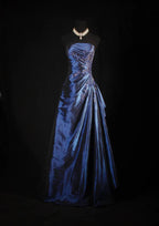 Vintage Ball Gowns Strapless Navy Blue Satin Long Prom Dress