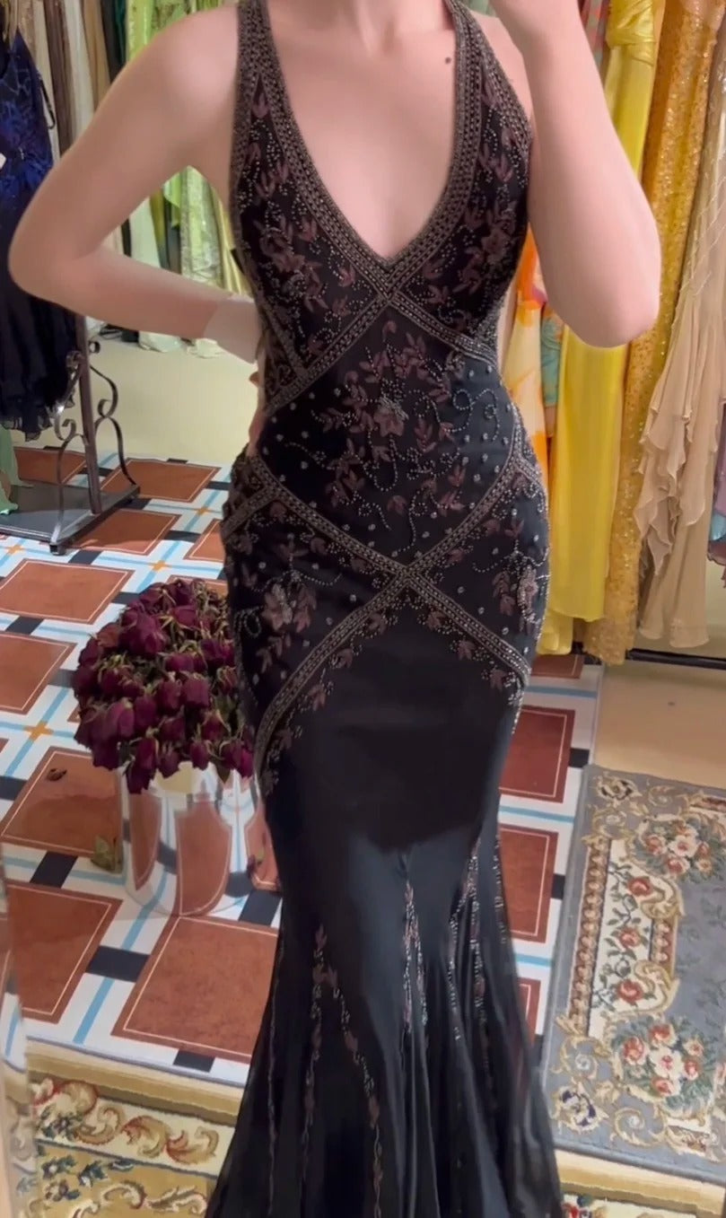 Vintage Black Beaded Halter Neck Mermaid Chiffon Prom Dresses For Prom Enchanted Backless Sleeveless Prom Gowns