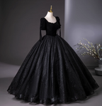Vintage Black Puff Sleeve Velvet Shimmer Tulle Ball Gown Evening Dresses Sweet 16 Dresses