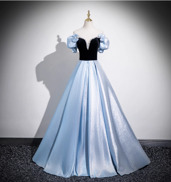 Vintage Court Blue Off-Shoulder Bow Velvet Satin Long Ball Gown Evening Dresses Sweet 16 Dresses