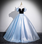 Vintage Court Blue Off-Shoulder Bow Velvet Satin Long Ball Gown Evening Dresses Sweet 16 Dresses