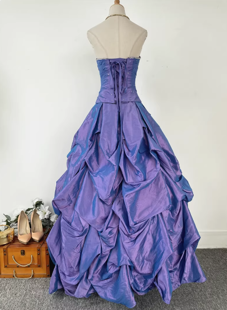 Vintage Princess Purple-Blue Sweetheart Neck Satin Ruched Long Ball Gown Evening Dresses