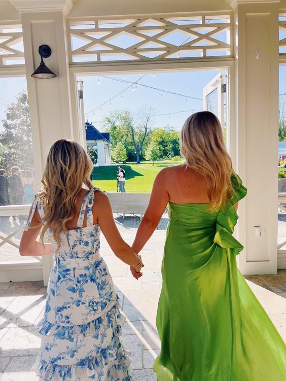 White Blue Floral A-Line Prom Dresses Long Prom Gowns