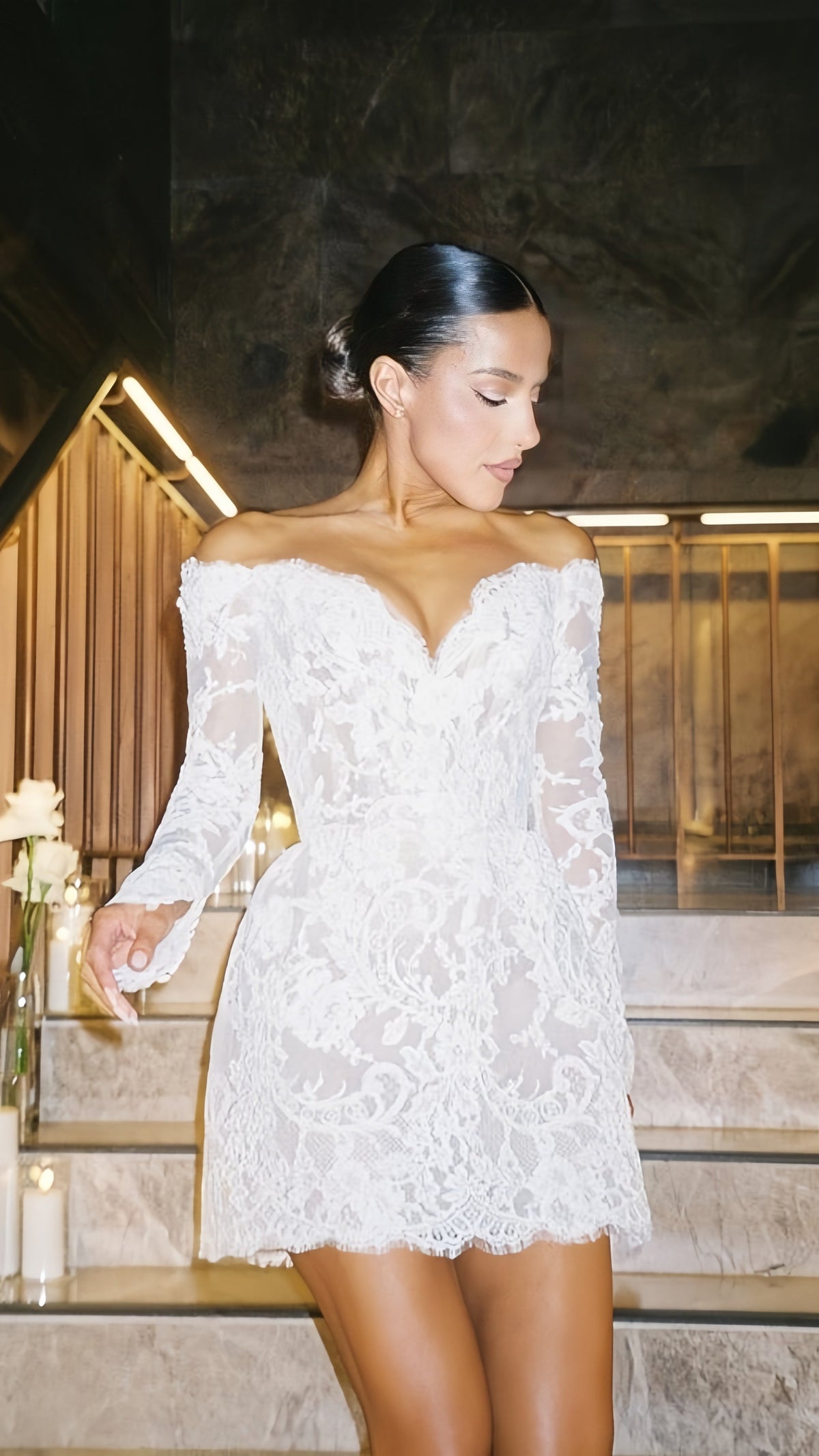 White Lace Bridal Dresses, Long Sleeves Mini Wedding Gowns,