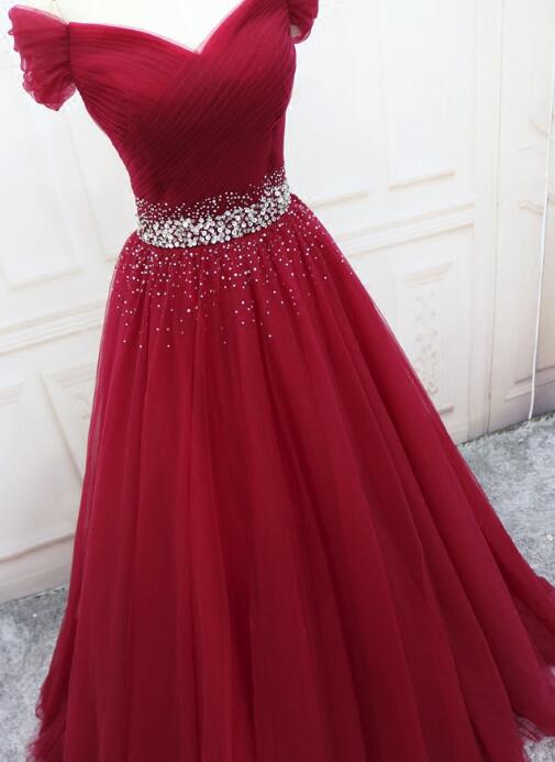 Wine Red Elegant Princess Gowns, Handmade Off Shoulder Ball Gown, Prom Dresses