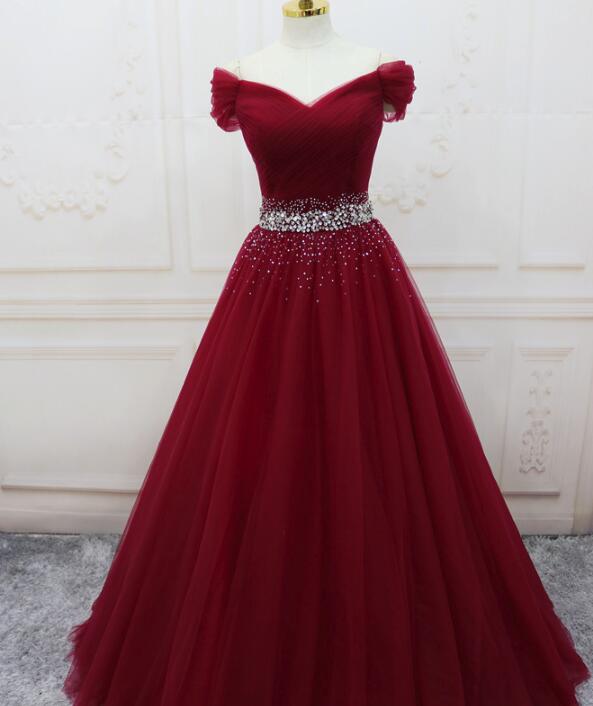 Wine Red Elegant Princess Gowns, Handmade Off Shoulder Ball Gown, Prom Dresses