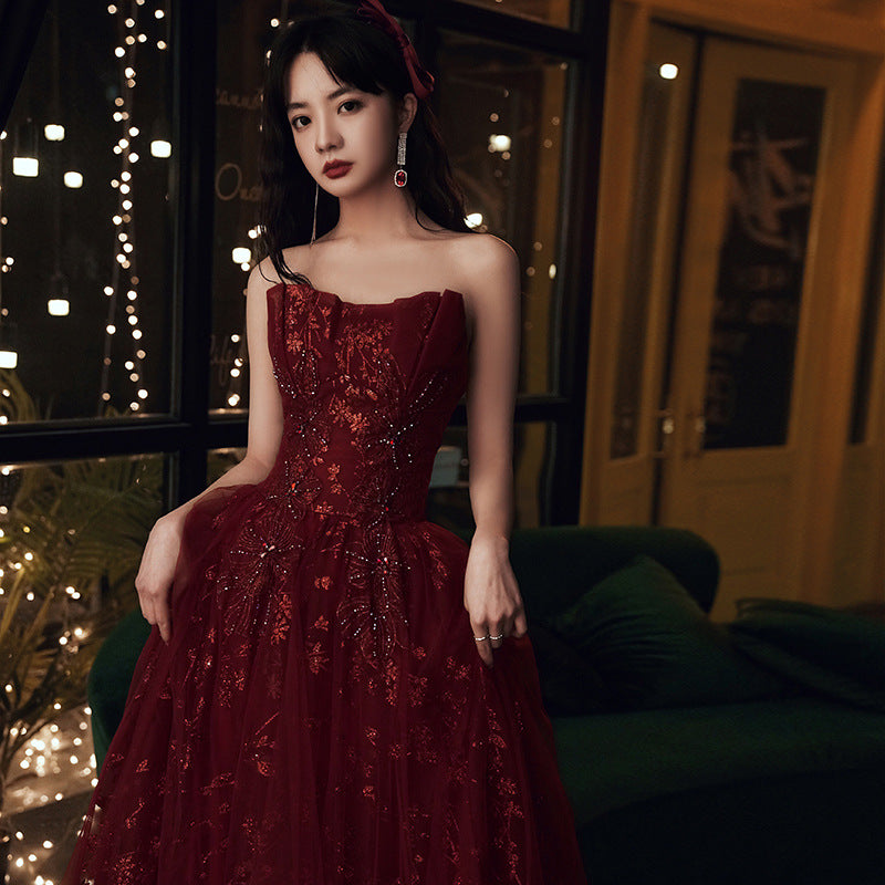 Wine Red Floral Lace And Tulle Long Prom Gowns Prom Dress, Burgundy Prom Dresses 2026