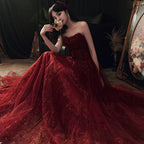 Wine Red Floral Lace And Tulle Long Prom Gowns Prom Dress, Burgundy Prom Dresses 2026