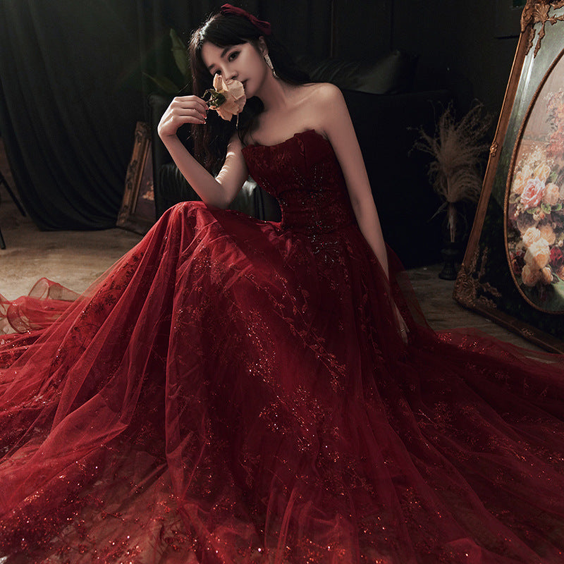 Wine Red Floral Lace And Tulle Long Prom Gowns Prom Dress, Burgundy Prom Dresses 2026