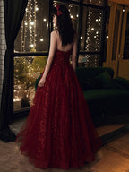 Wine Red Floral Lace And Tulle Long Prom Gowns Prom Dress, Burgundy Prom Dresses 2026