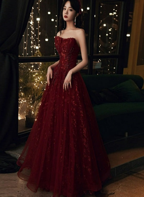 Wine Red Floral Lace And Tulle Long Prom Gowns Prom Dress, Burgundy Prom Dresses 2026
