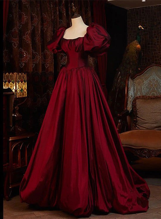 Wine Red Short Sleeves Floor Length Long Prom Dress, Ball Gowns Prom Dresses