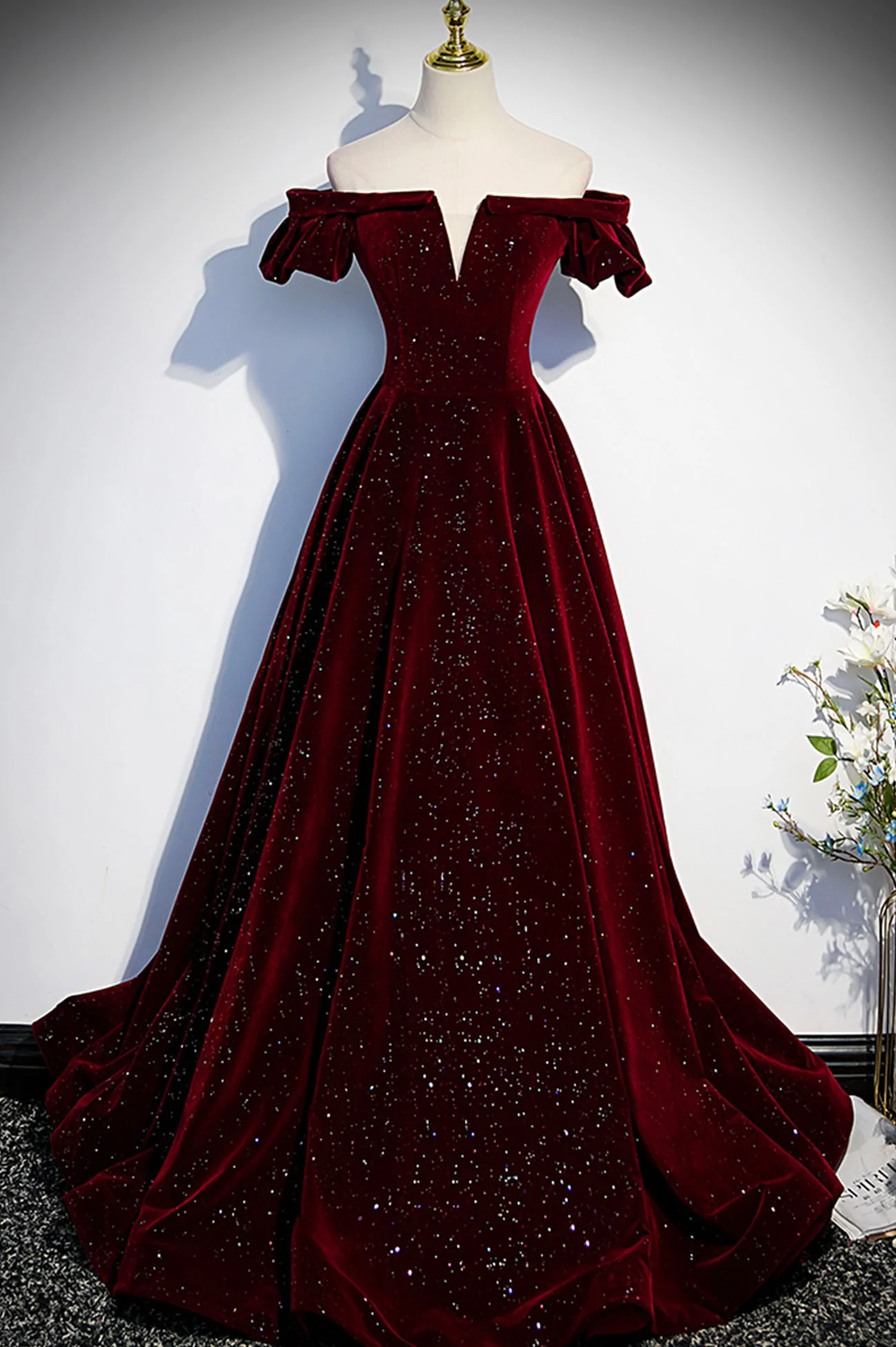 Wine Red Velvet Off Shoulder Long Prom Gowns, Wine Red Prom Dresses
