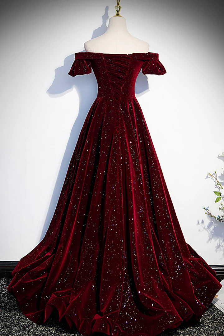 Wine Red Velvet Off Shoulder Long Prom Gowns, Wine Red Prom Dresses