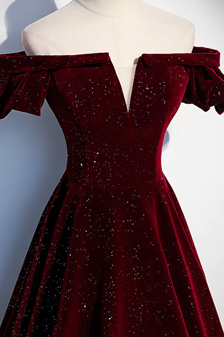 Wine Red Velvet Off Shoulder Long Prom Gowns, Wine Red Prom Dresses