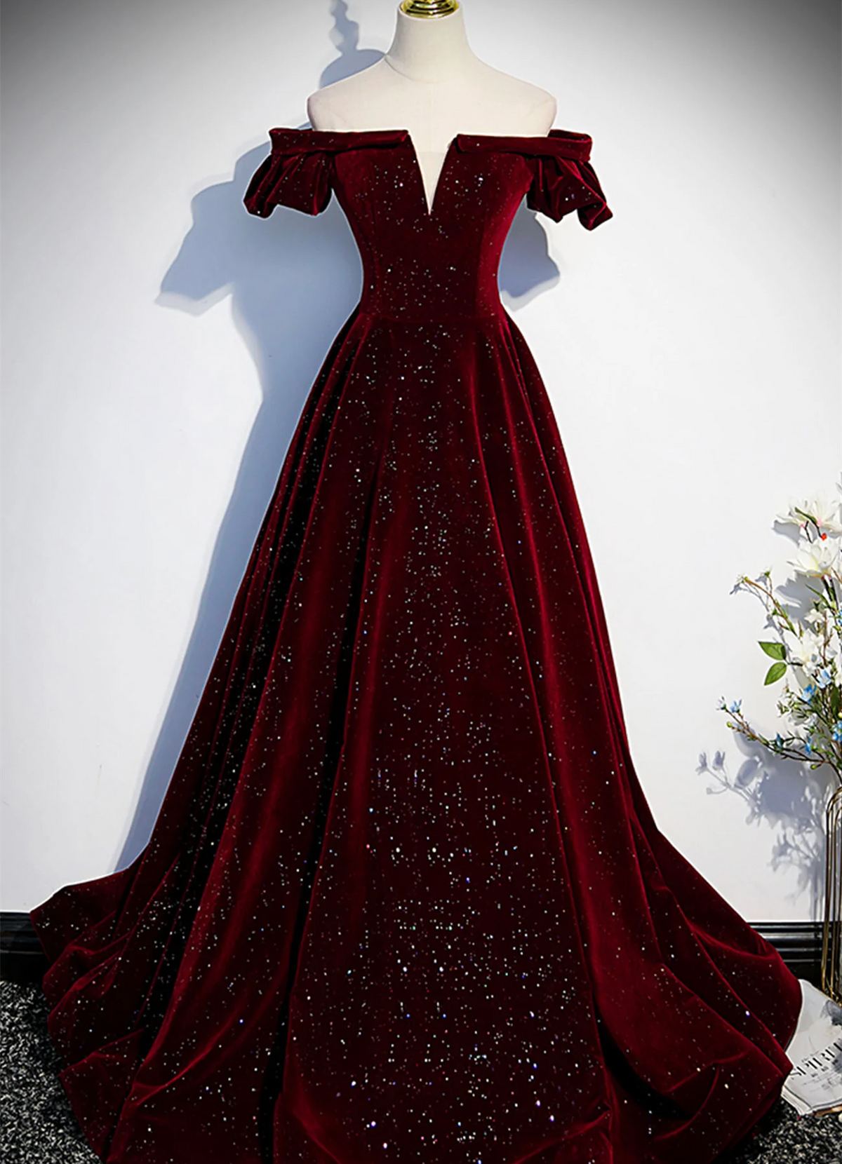 Wine Red Velvet Off Shoulder Long Prom Gowns, Wine Red Prom Dresses